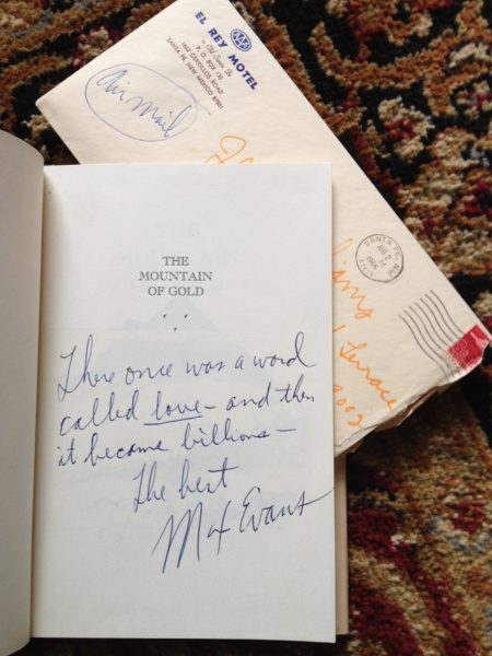 Photo of a book for sale titled Mountain of Gold by Max Evans. Includes a signed letter and signed book as well.